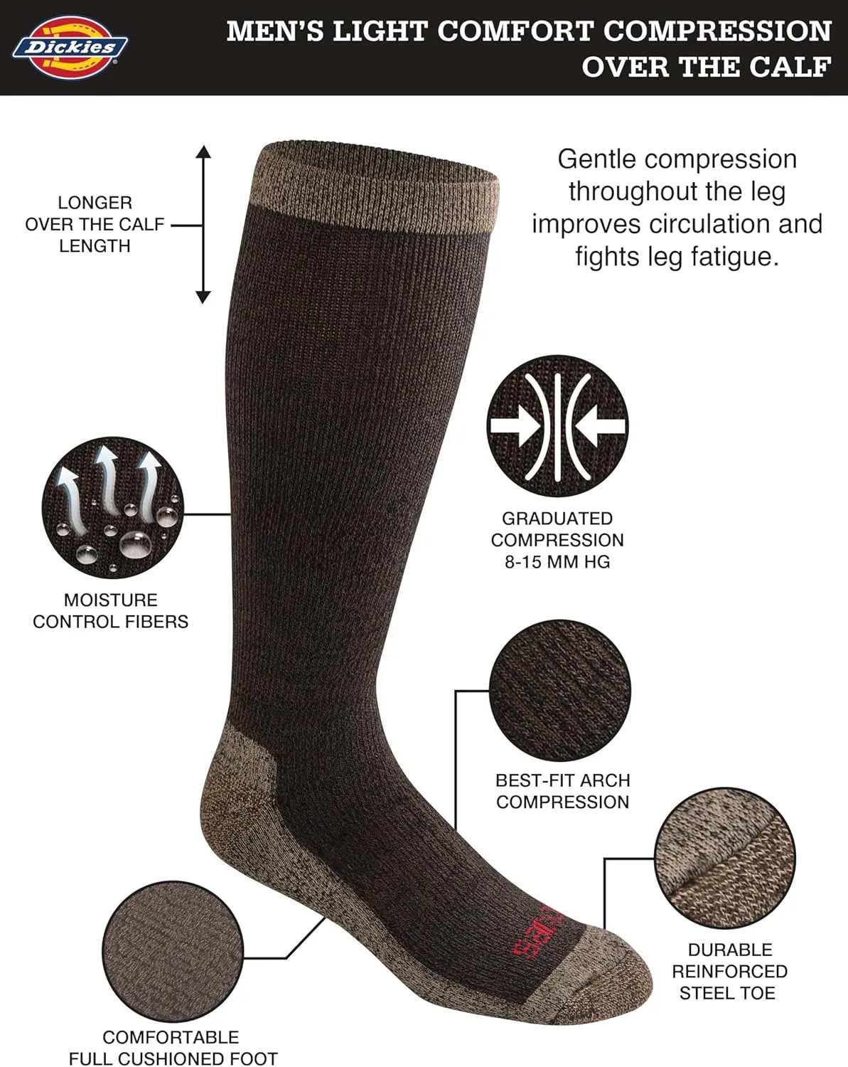 Dickies Men's Light Compression Comfort Over-The-Calf Socks, Available in M-XXL (2, 4 Pairs)