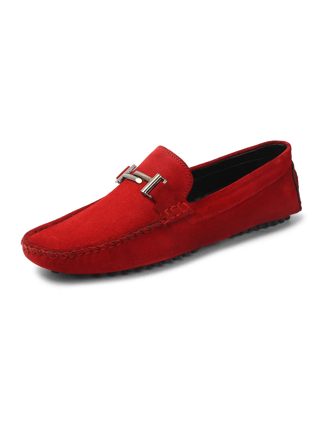 Ferrari Red Handmade Italian Suede Leather Penny Loafers with Designer Buckle
