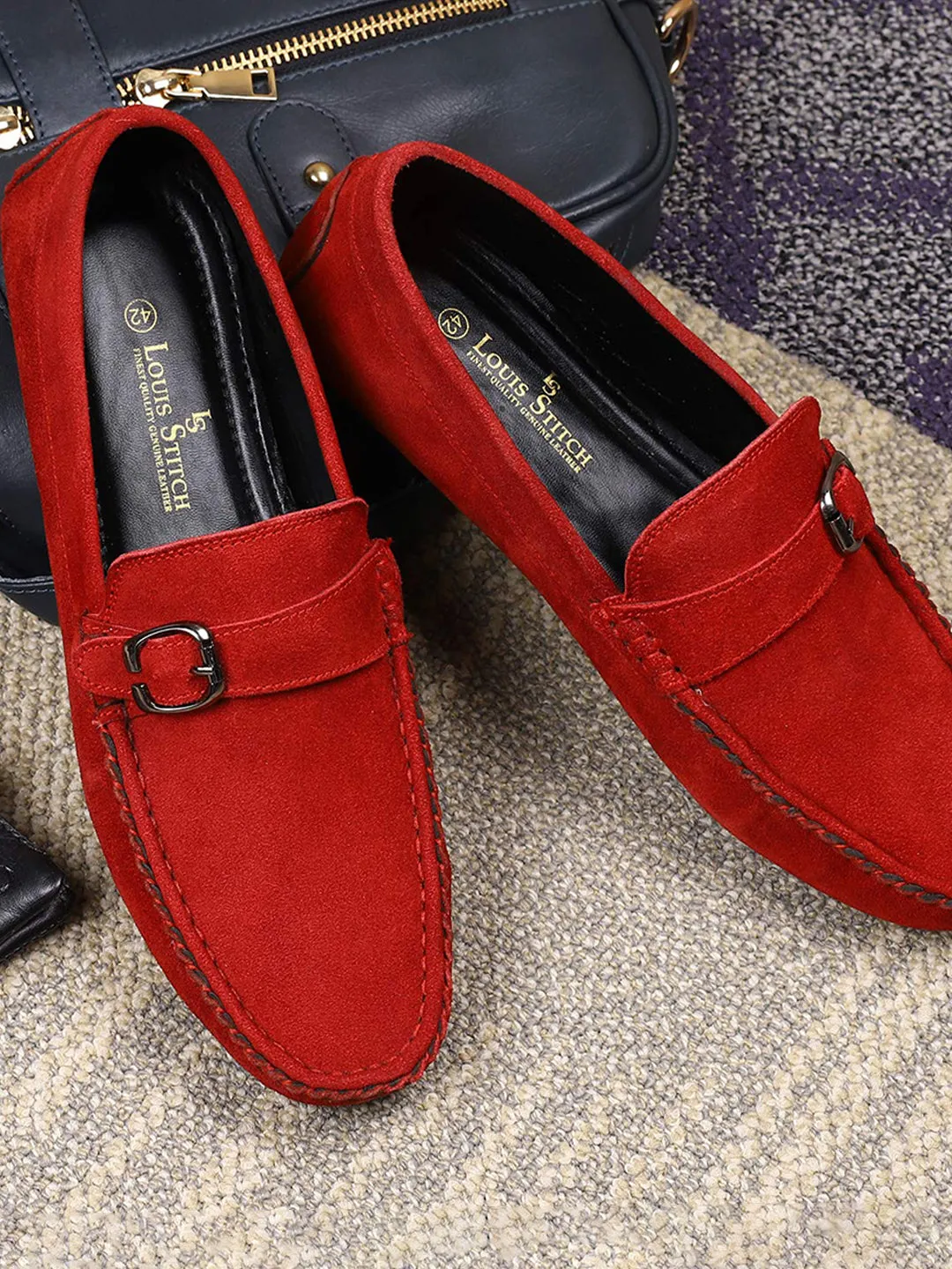 Ferrari Red Handmade Italian Suede Leather Solid Penny Loafers with Buckle