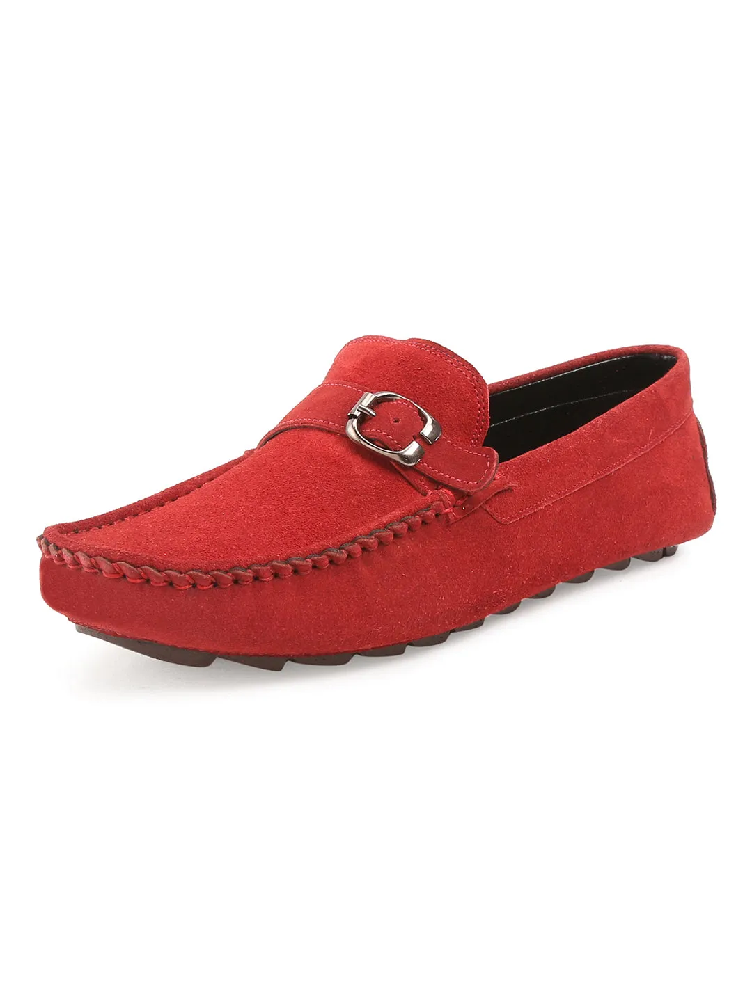 Ferrari Red Handmade Italian Suede Leather Solid Penny Loafers with Buckle