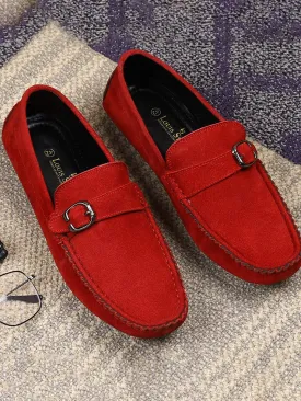 Ferrari Red Handmade Italian Suede Leather Solid Penny Loafers with Buckle