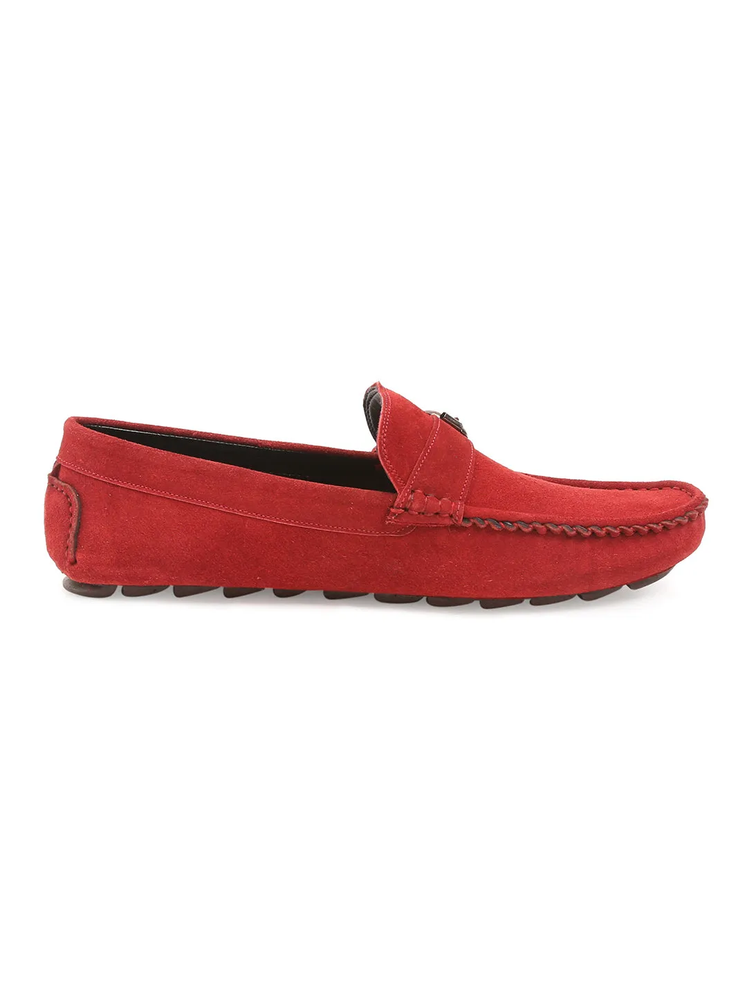 Ferrari Red Handmade Italian Suede Leather Solid Penny Loafers with Buckle