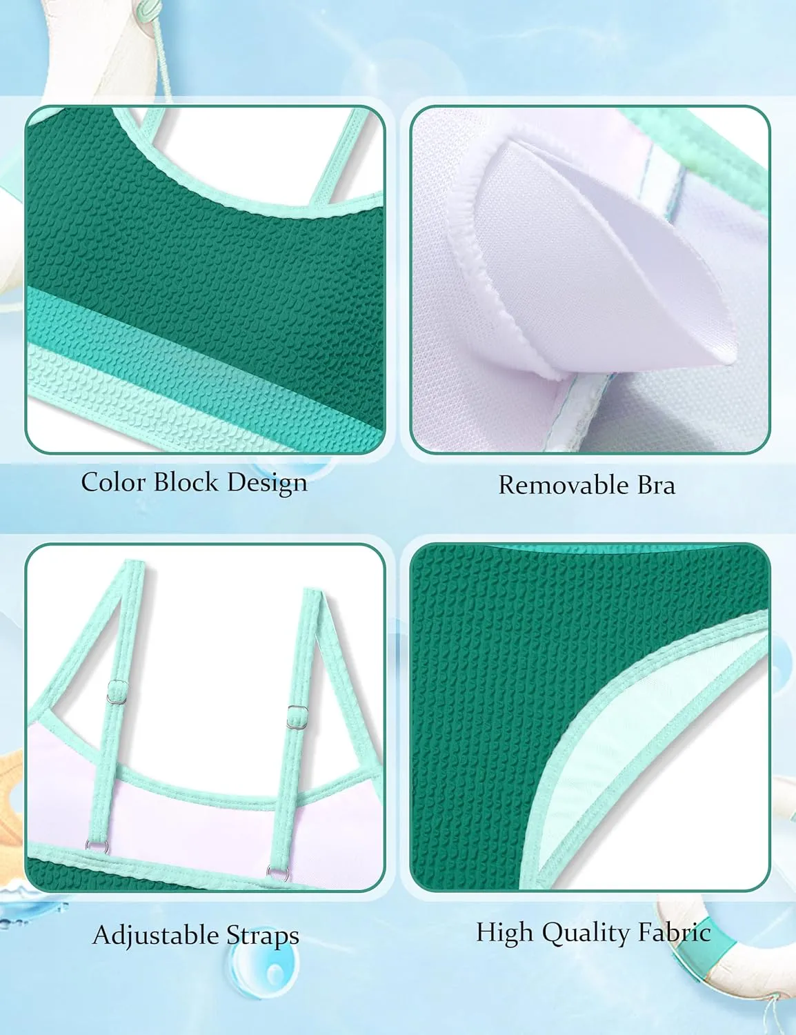 Girls Bathing Suit Color-Block Adjustable Straps Bikini Sets Girls Two Piece Swimsuits with Chest Pad Swimwear 7-18T