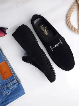Jet Black Handmade Italian Suede Leather Penny Loafers with Designer Buckle