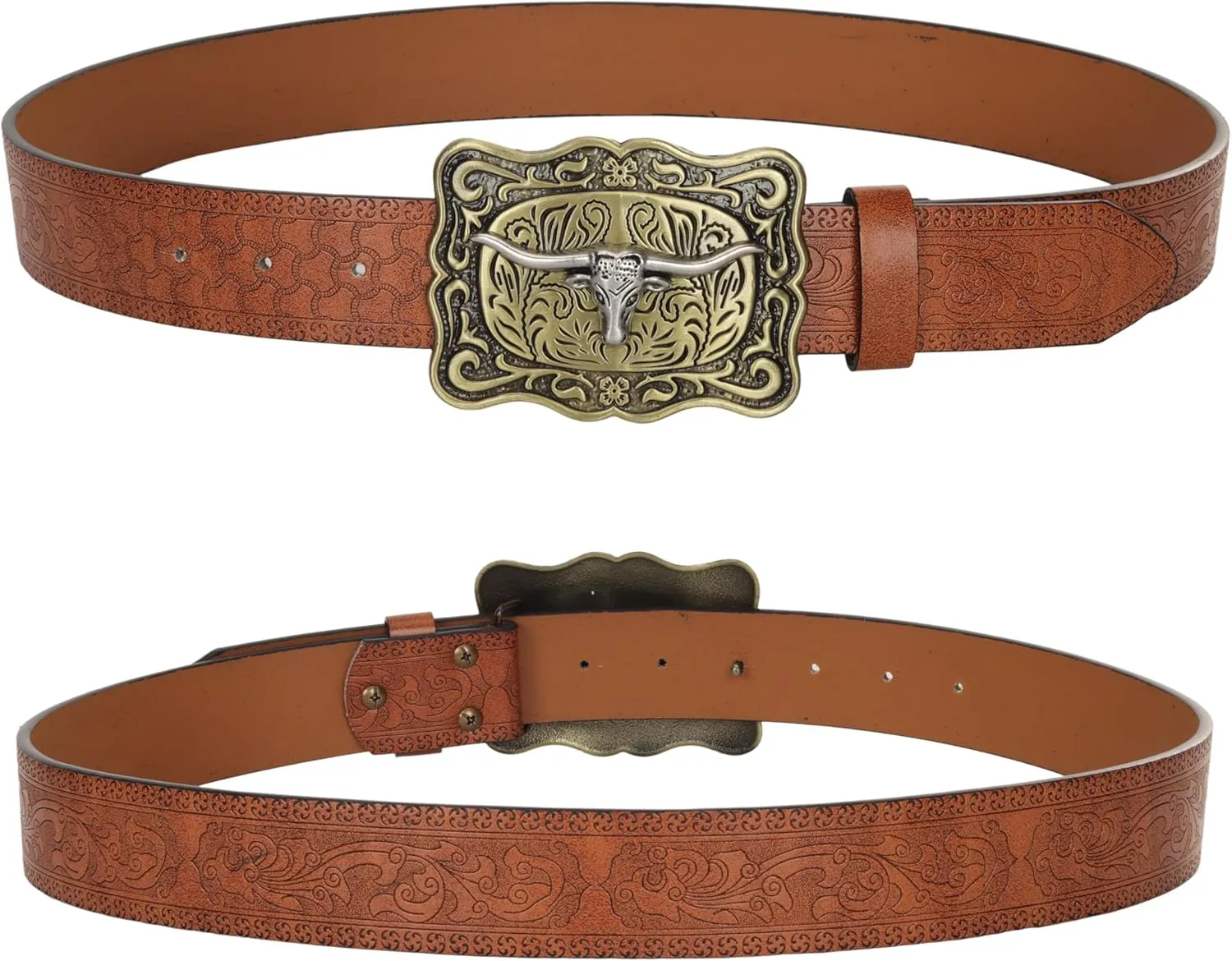 Men Women-Western-Cowboy-Leather-Belts - Longhorn Bull Pattern Buckle Belt Floral Engraved Buckle Belt for Jeans