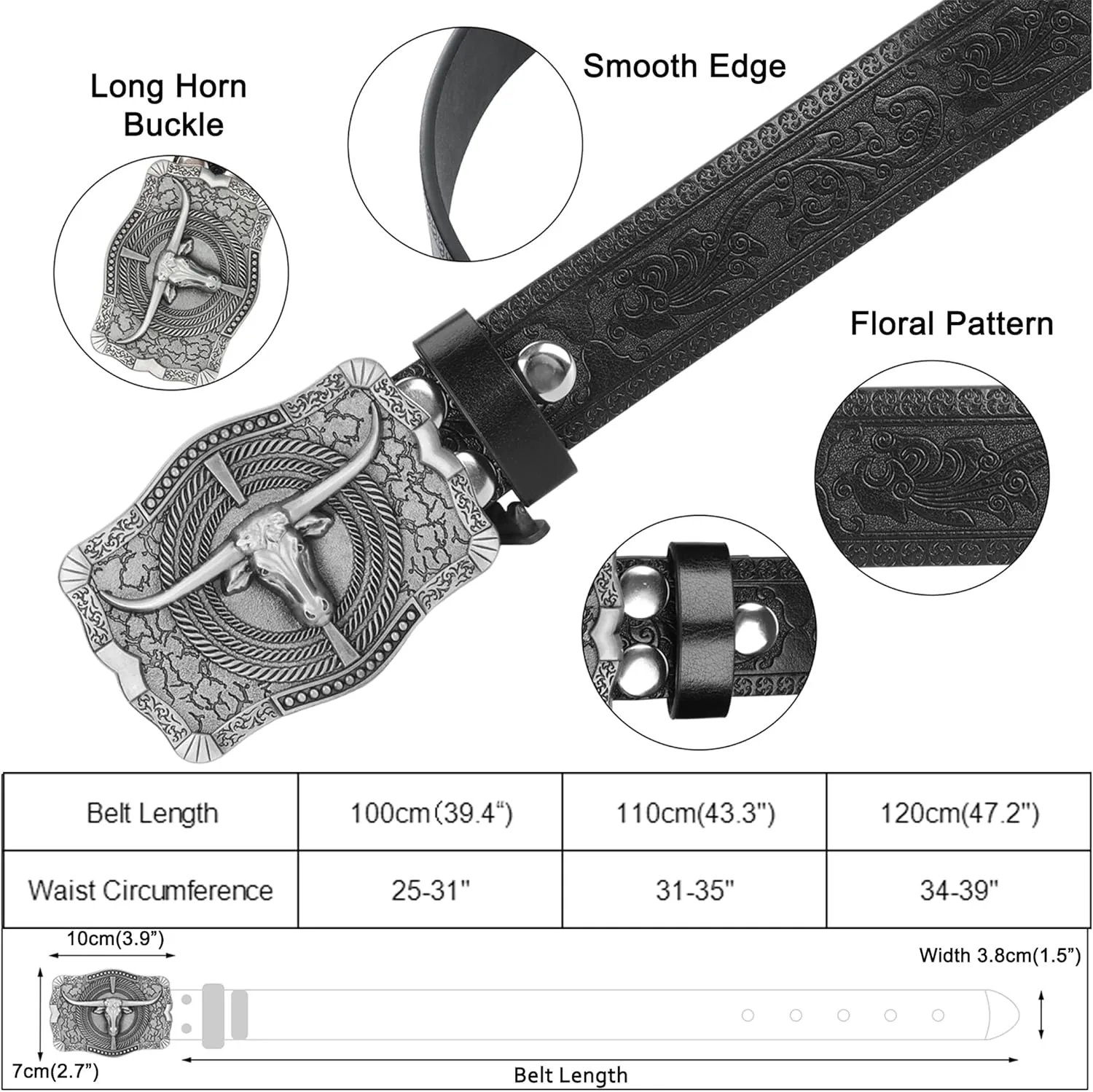 Men Women-Western-Cowboy-Leather-Belts - Longhorn Bull Pattern Buckle Belt Floral Engraved Buckle Belt for Jeans