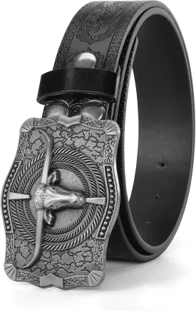 Men Women-Western-Cowboy-Leather-Belts - Longhorn Bull Pattern Buckle Belt Floral Engraved Buckle Belt for Jeans