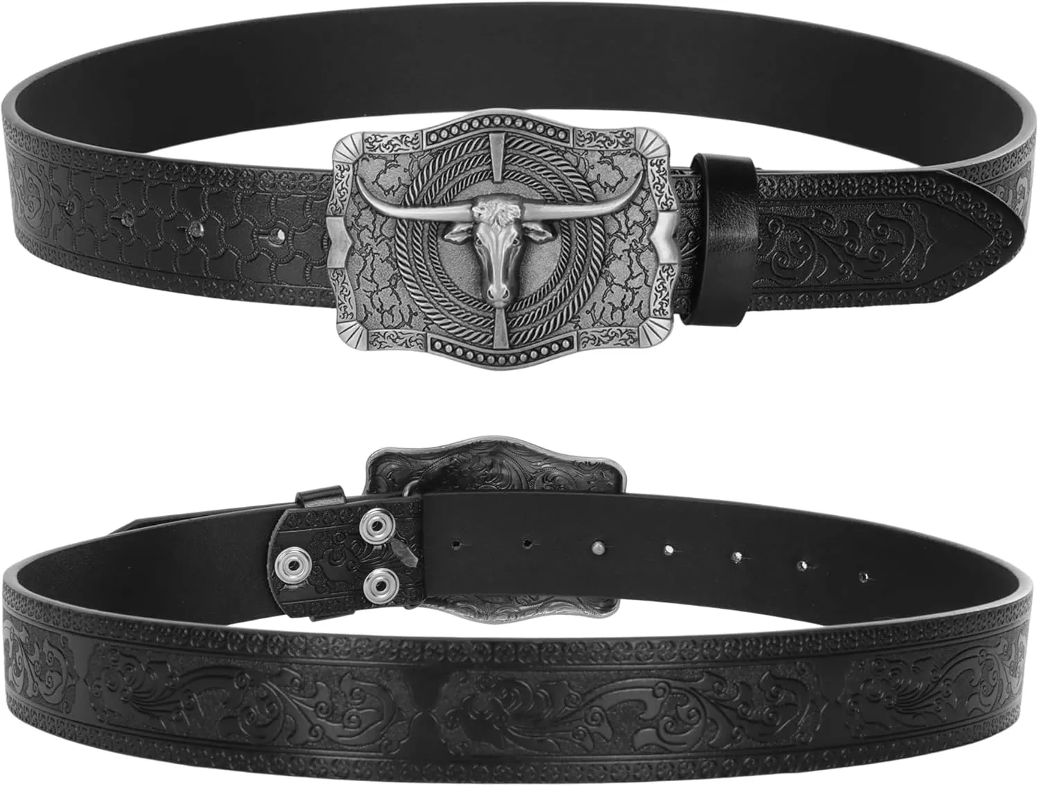 Men Women-Western-Cowboy-Leather-Belts - Longhorn Bull Pattern Buckle Belt Floral Engraved Buckle Belt for Jeans