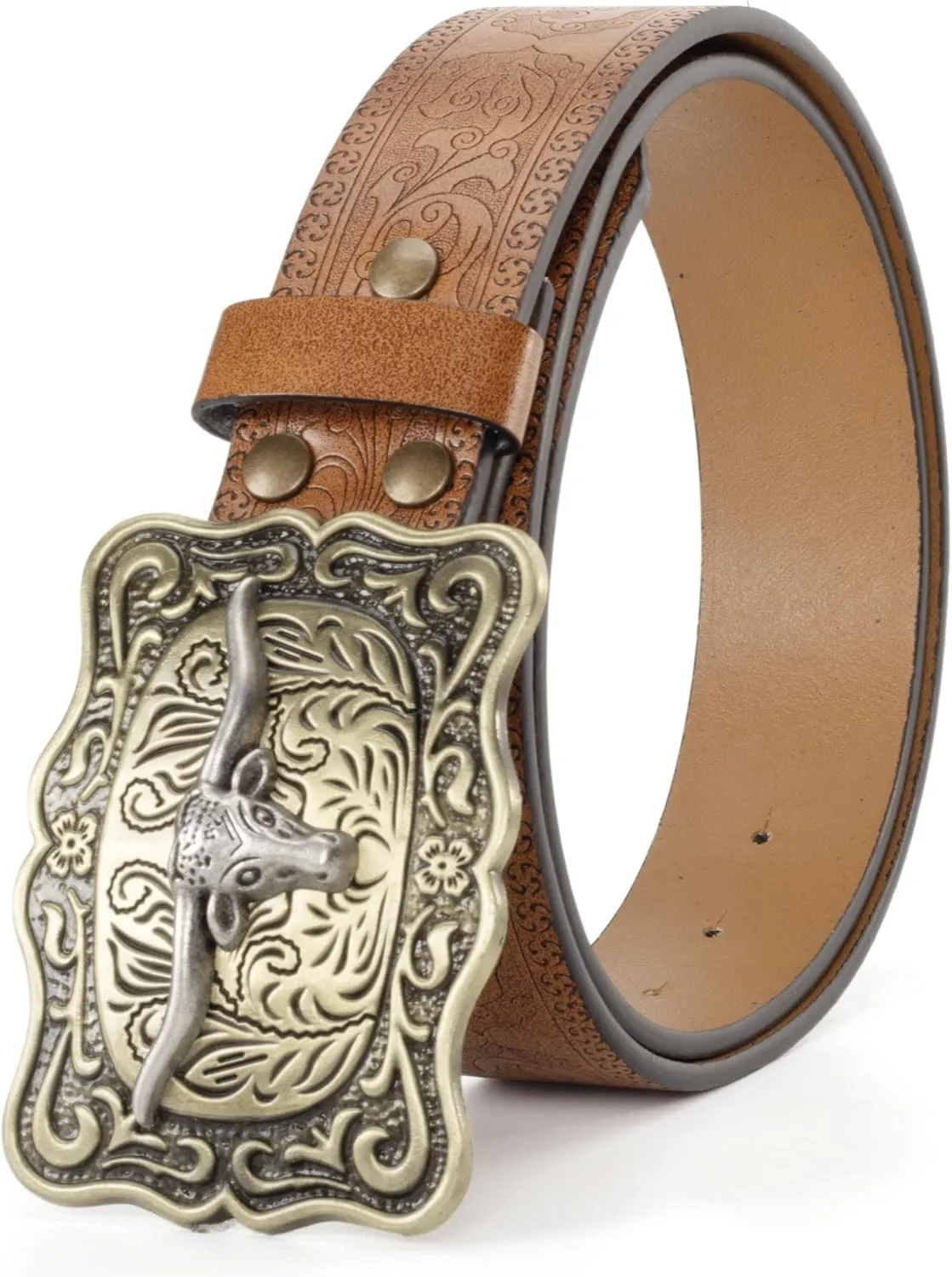 Men Women-Western-Cowboy-Leather-Belts - Longhorn Bull Pattern Buckle Belt Floral Engraved Buckle Belt for Jeans