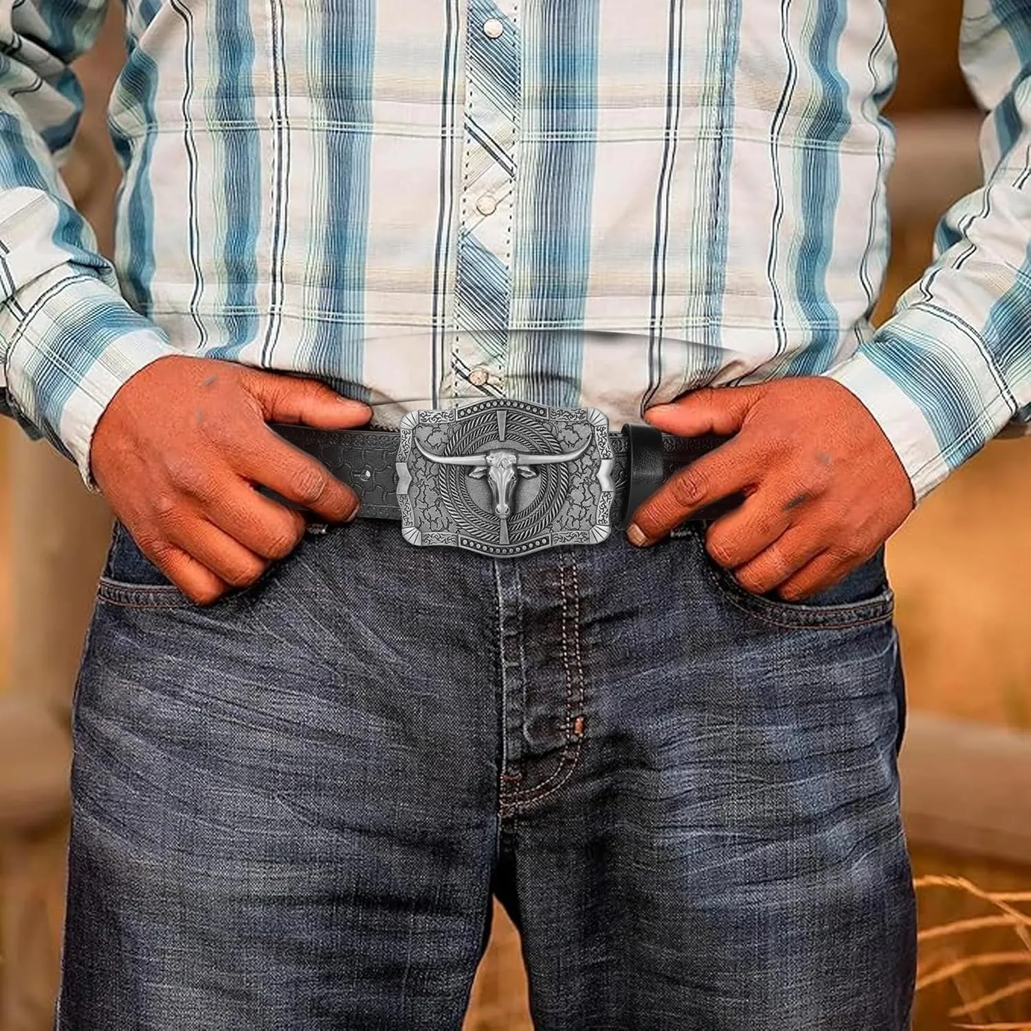 Men Women-Western-Cowboy-Leather-Belts - Longhorn Bull Pattern Buckle Belt Floral Engraved Buckle Belt for Jeans