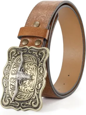 Men Women-Western-Cowboy-Leather-Belts - Longhorn Bull Pattern Buckle Belt Floral Engraved Buckle Belt for Jeans