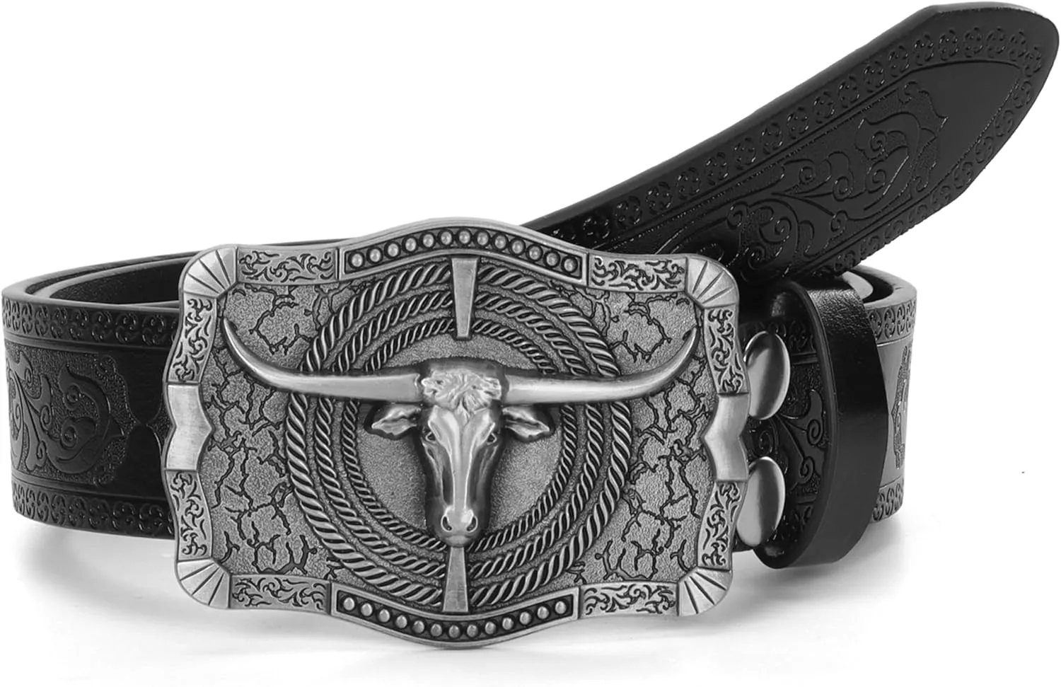 Men Women-Western-Cowboy-Leather-Belts - Longhorn Bull Pattern Buckle Belt Floral Engraved Buckle Belt for Jeans