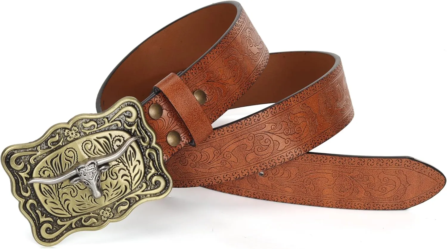 Men Women-Western-Cowboy-Leather-Belts - Longhorn Bull Pattern Buckle Belt Floral Engraved Buckle Belt for Jeans