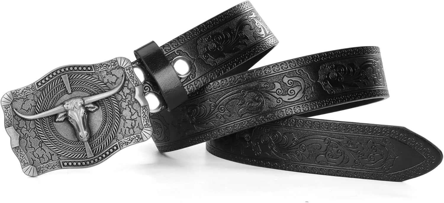 Men Women-Western-Cowboy-Leather-Belts - Longhorn Bull Pattern Buckle Belt Floral Engraved Buckle Belt for Jeans
