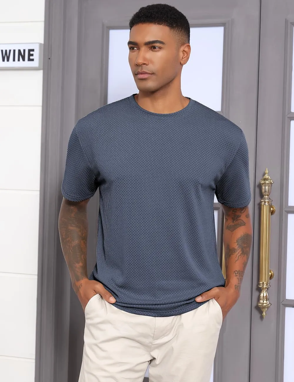 Men's Casual T-Shirts Knit Short Sleeve Crewneck Shirts Casual Stylish Knitted Pullover Tees Top