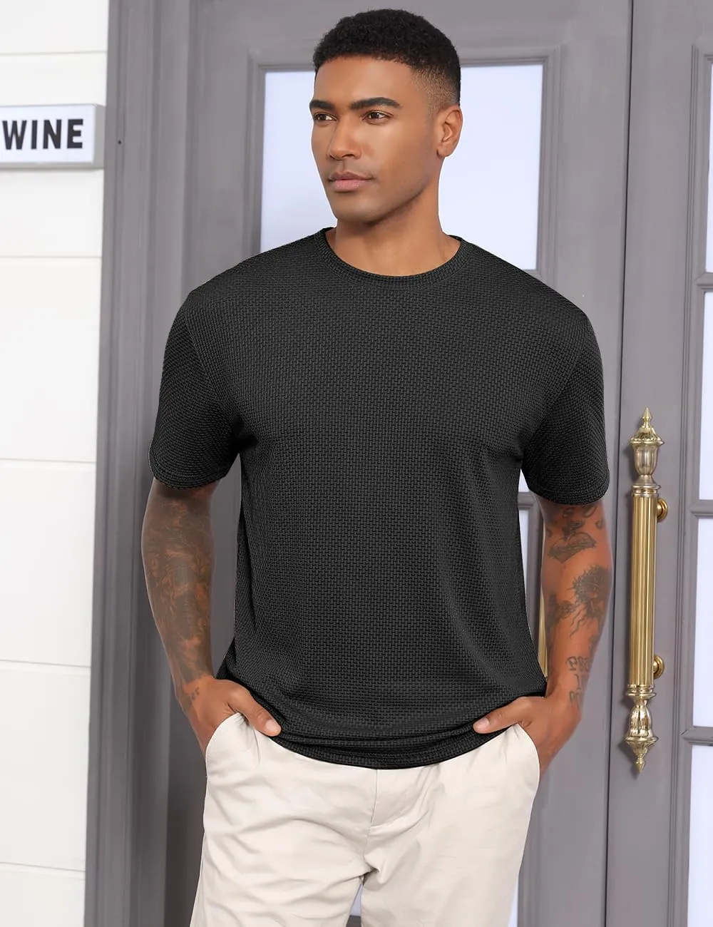Men's Casual T-Shirts Knit Short Sleeve Crewneck Shirts Casual Stylish Knitted Pullover Tees Top