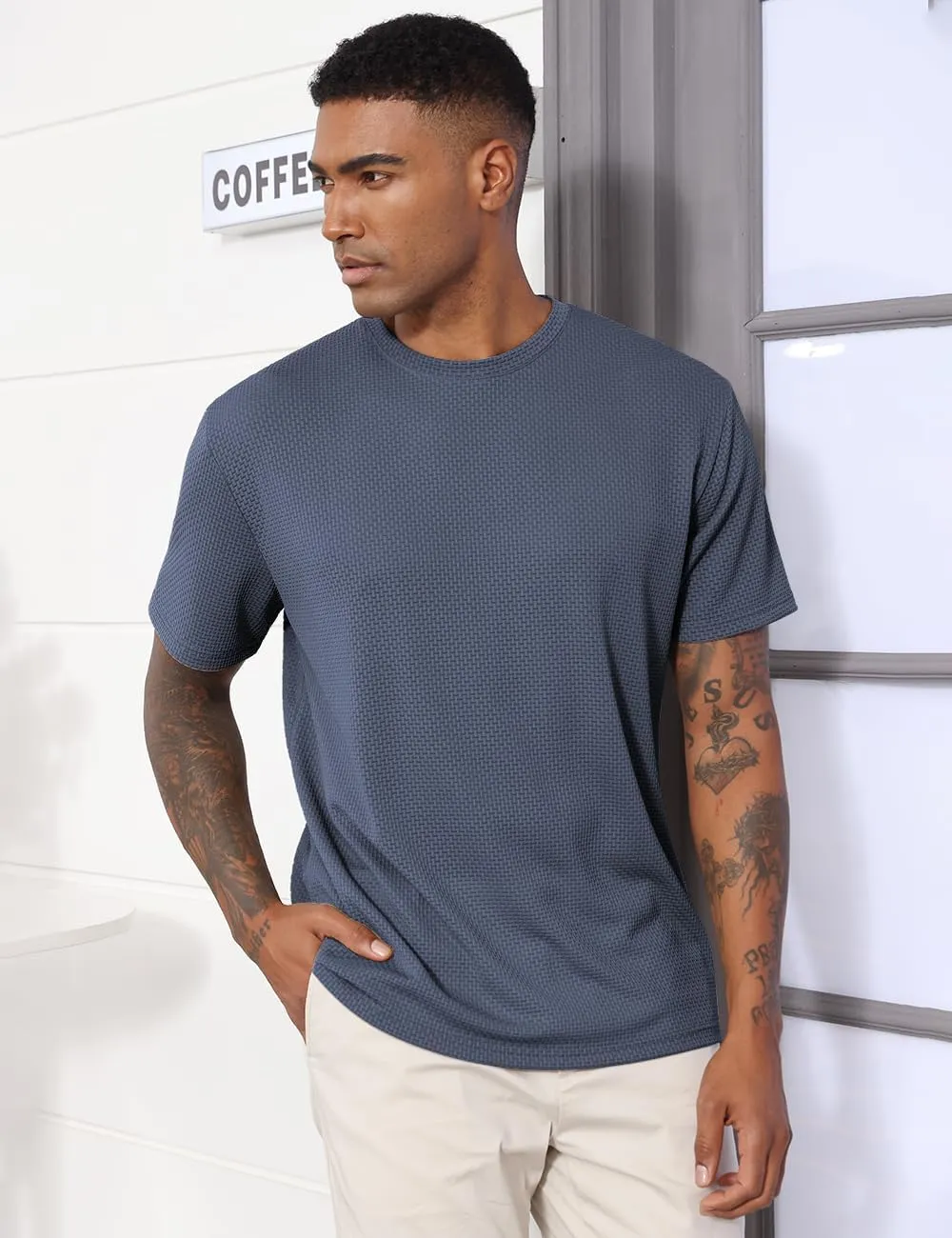 Men's Casual T-Shirts Knit Short Sleeve Crewneck Shirts Casual Stylish Knitted Pullover Tees Top