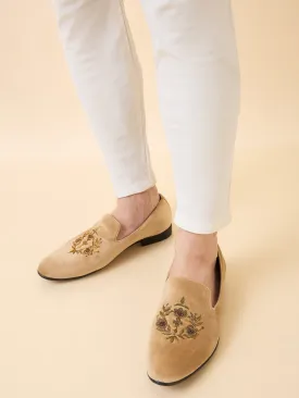 Regal Beige Men Embroidered Suede Loafers