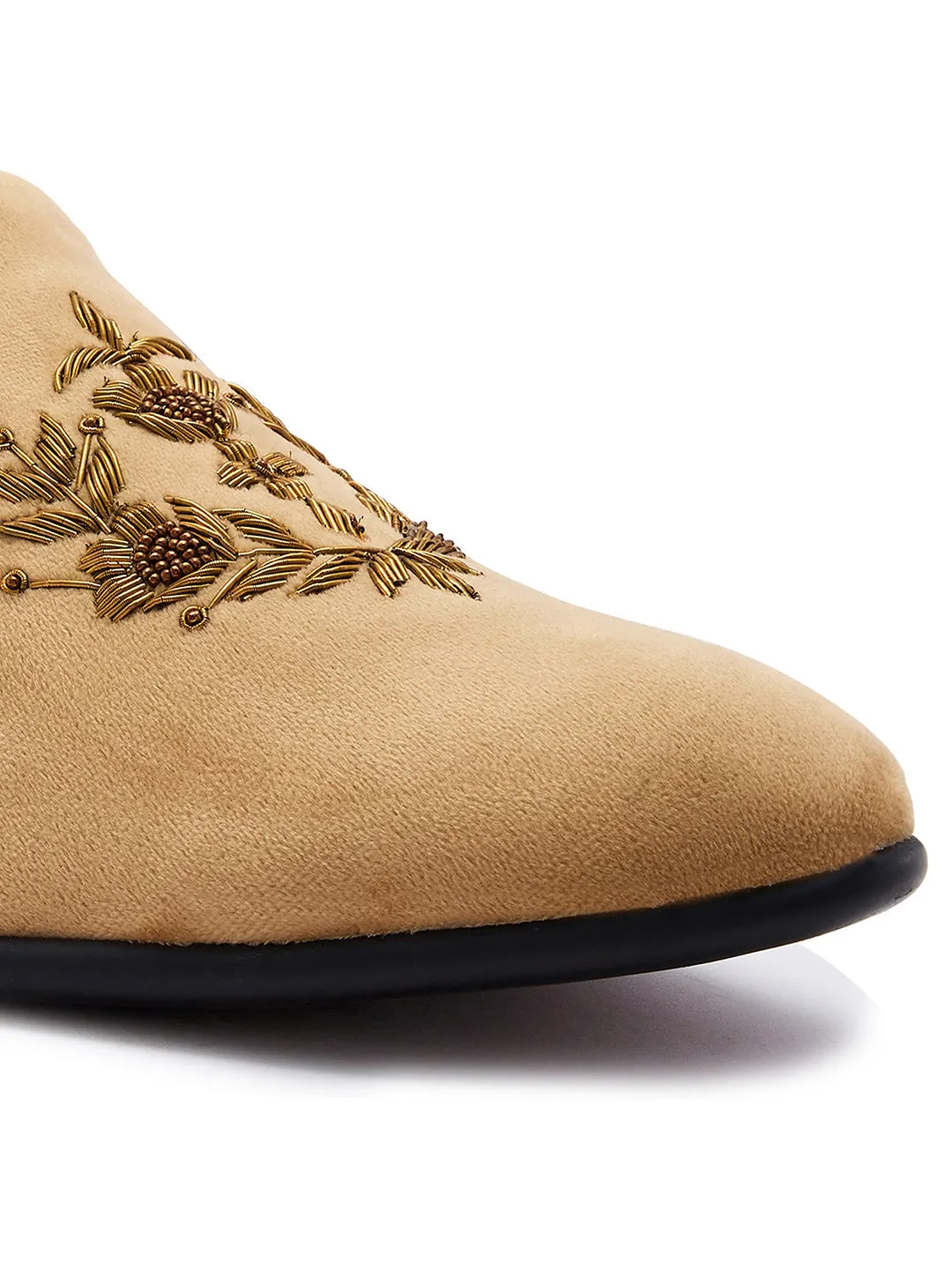 Regal Beige Men Embroidered Suede Loafers