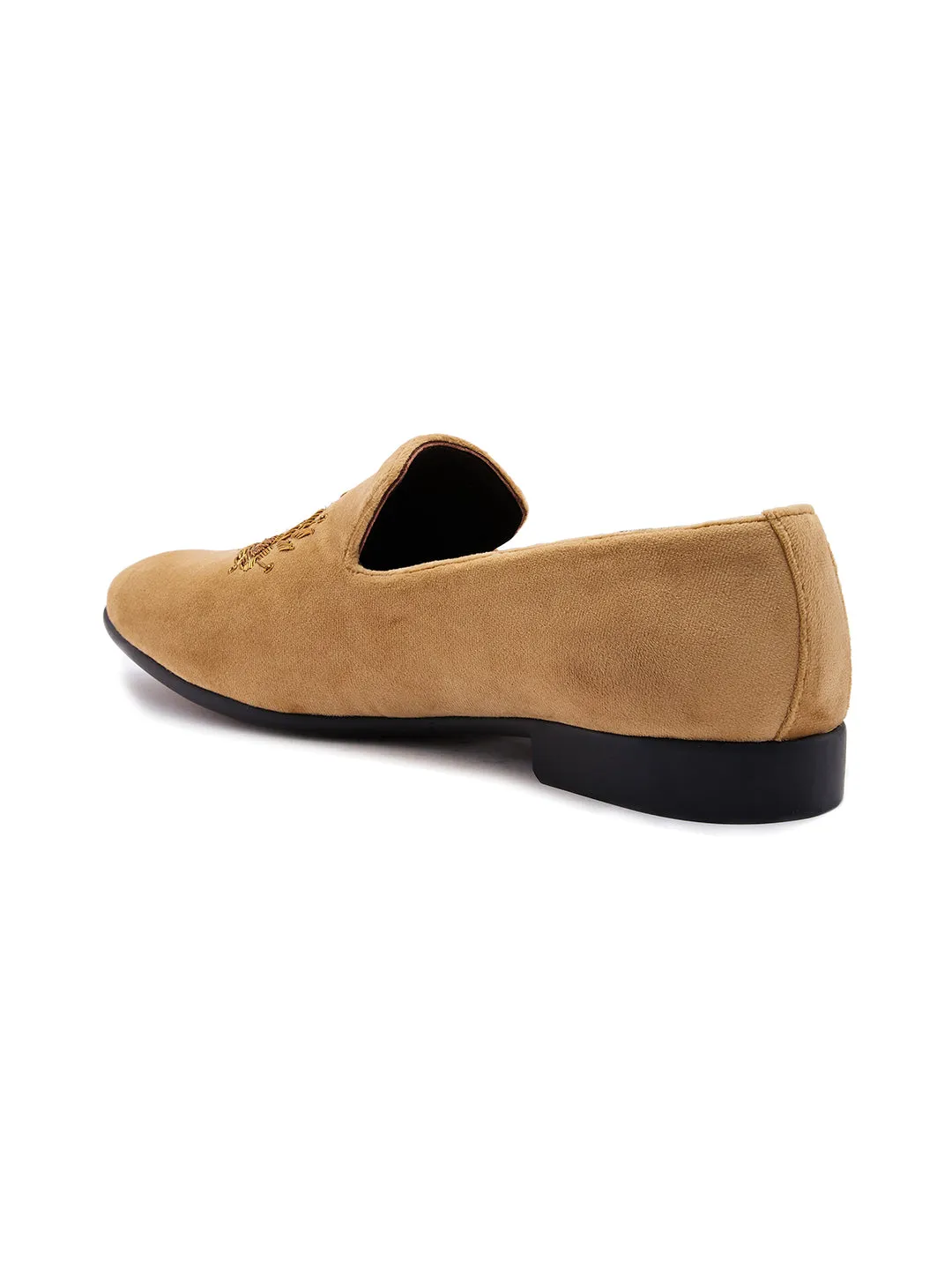 Regal Beige Men Embroidered Suede Loafers