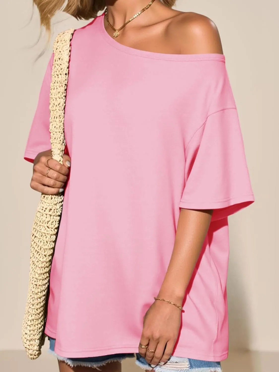 Tankaneo Womens Oversized Off The Shoulder T Shirt Cotton Short Sleeve Casual Tunic Tops Summer Loose Fit Flowy Tees