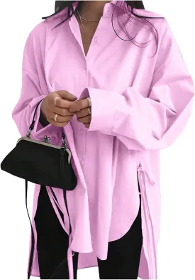 Verdusa Women's Oversized Button Down Shirts Split High Low Long Sleeve Blouses