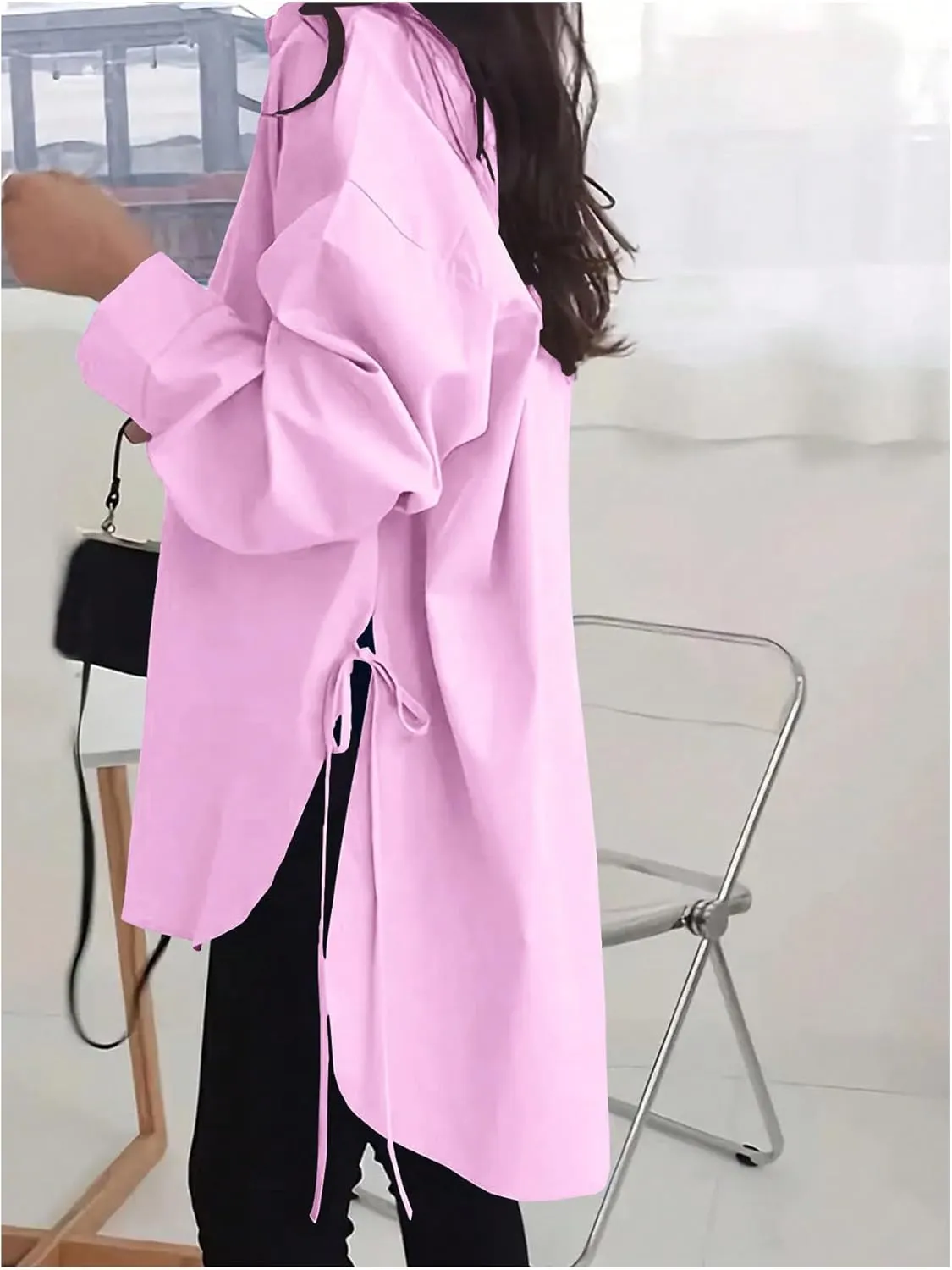 Verdusa Women's Oversized Button Down Shirts Split High Low Long Sleeve Blouses
